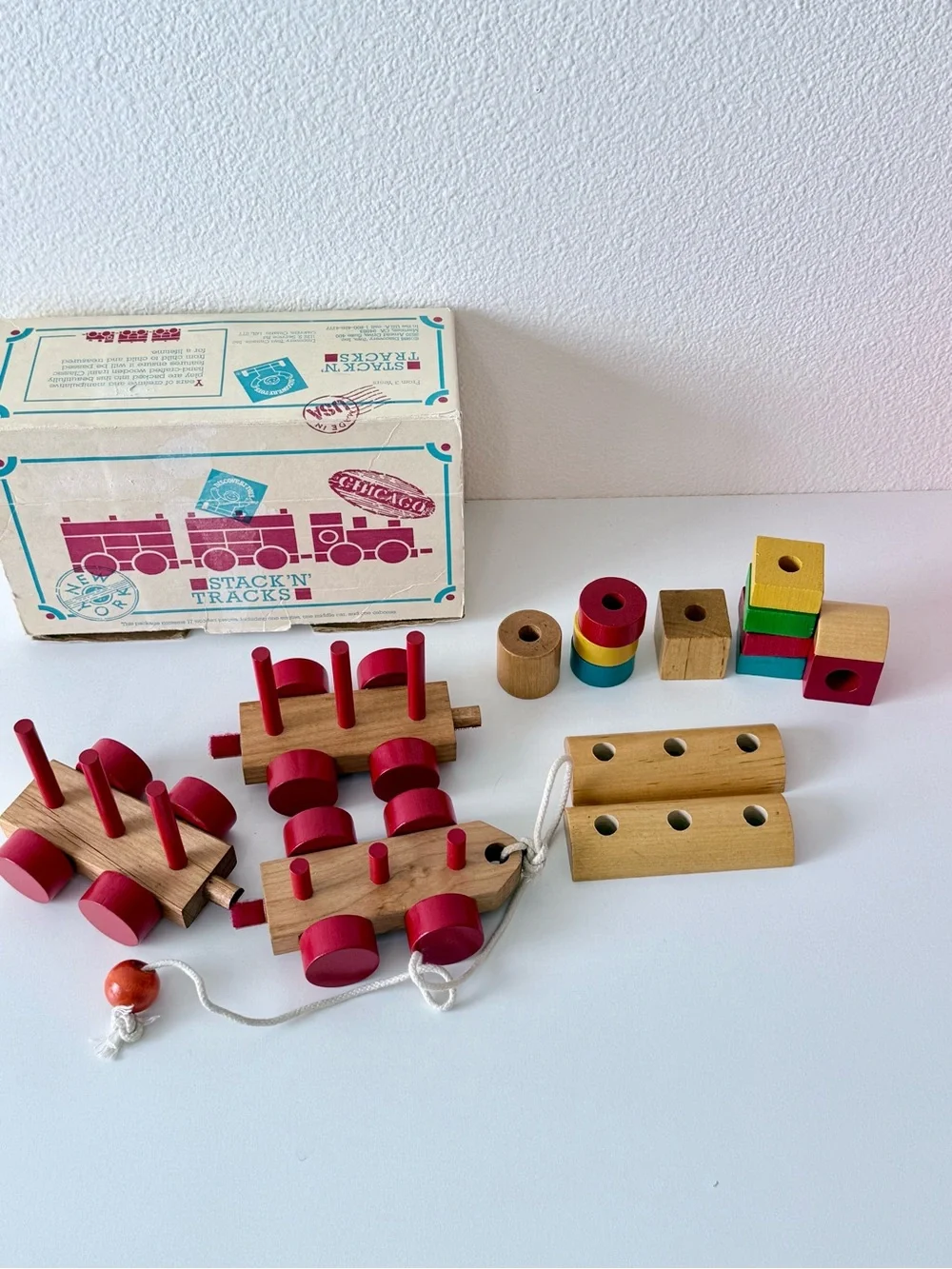 Vintage 1988 Discovery Toys Stack 'N' Tracks Wooden Train 15/17 Pcs w/ Box
